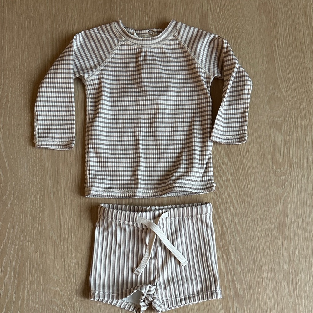 Quincy Mae Striped Kids Swim Set - Cream and Brown